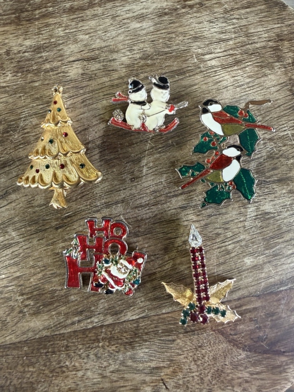VTG Christmas Jewelry Pin Brooch Lot Of 5 -Cardinals Santa Christmas Tree Candle